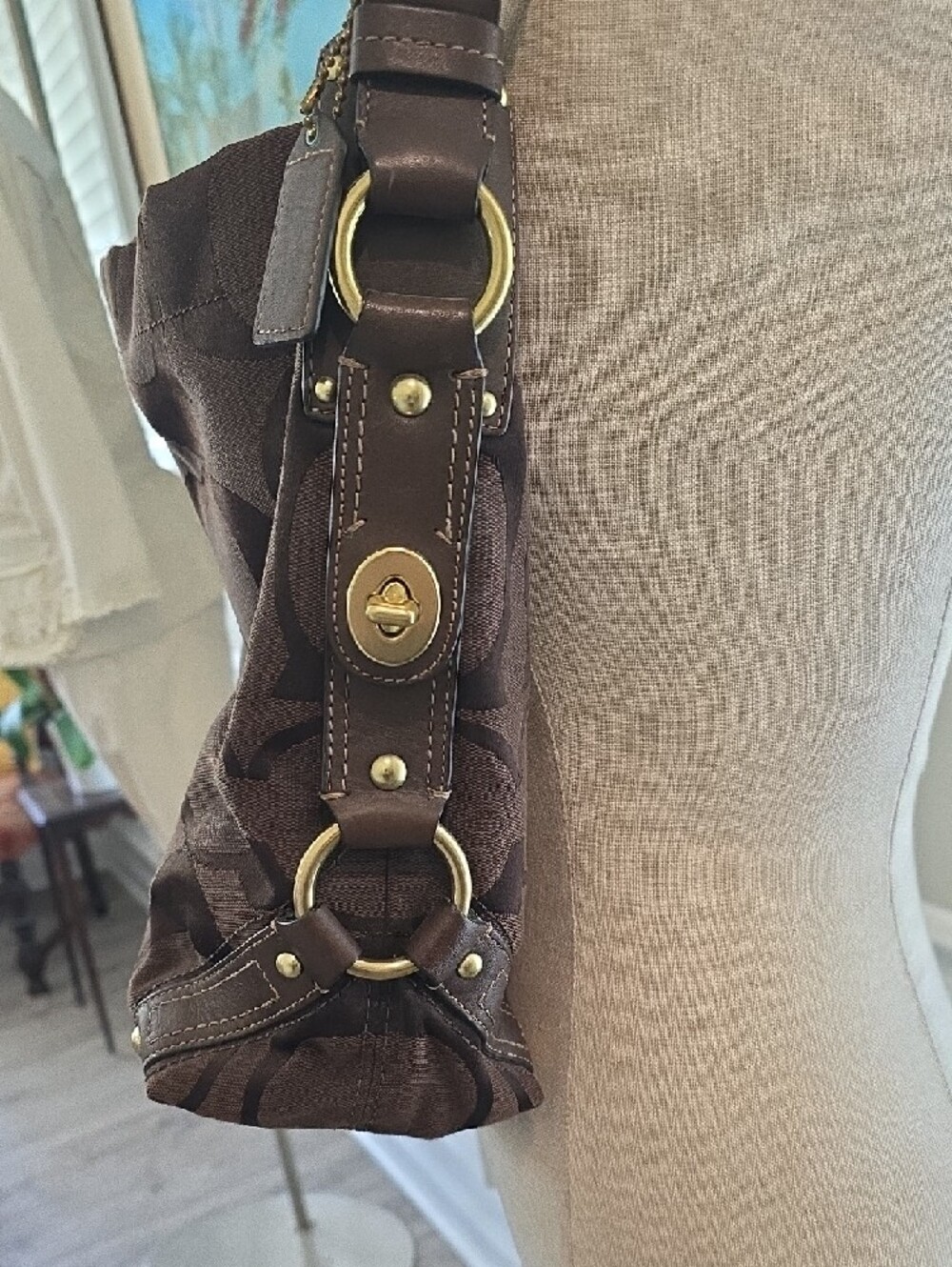 Coach Brown Signature Canvas Shoulder Bag with Gold-Tone Hardware - Picture 8 of 14